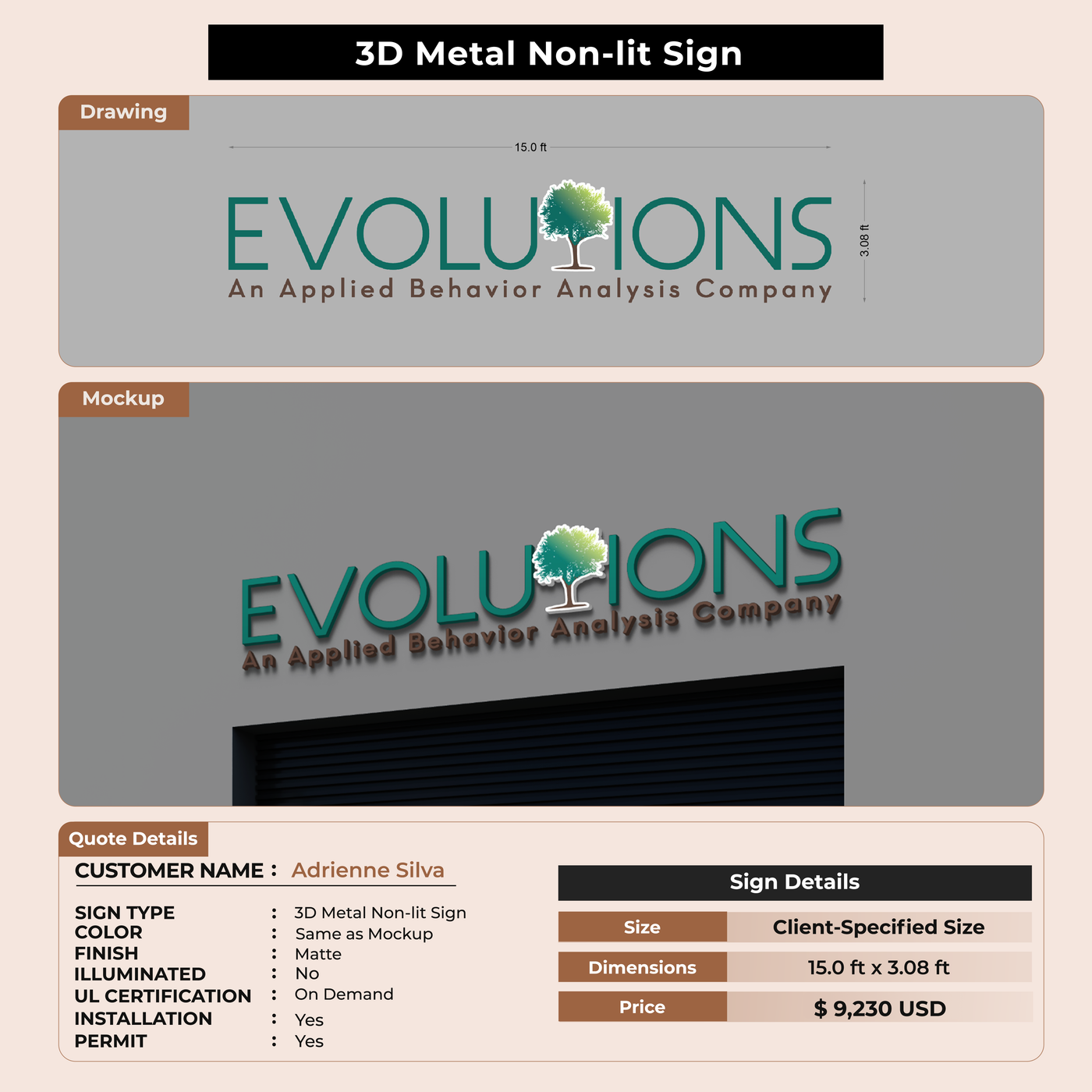 3D Metal Non-lit Sign for Adrienne Silva