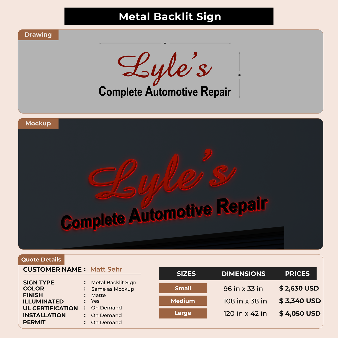 3D Metal Back-lit Sign For Matt Sehr