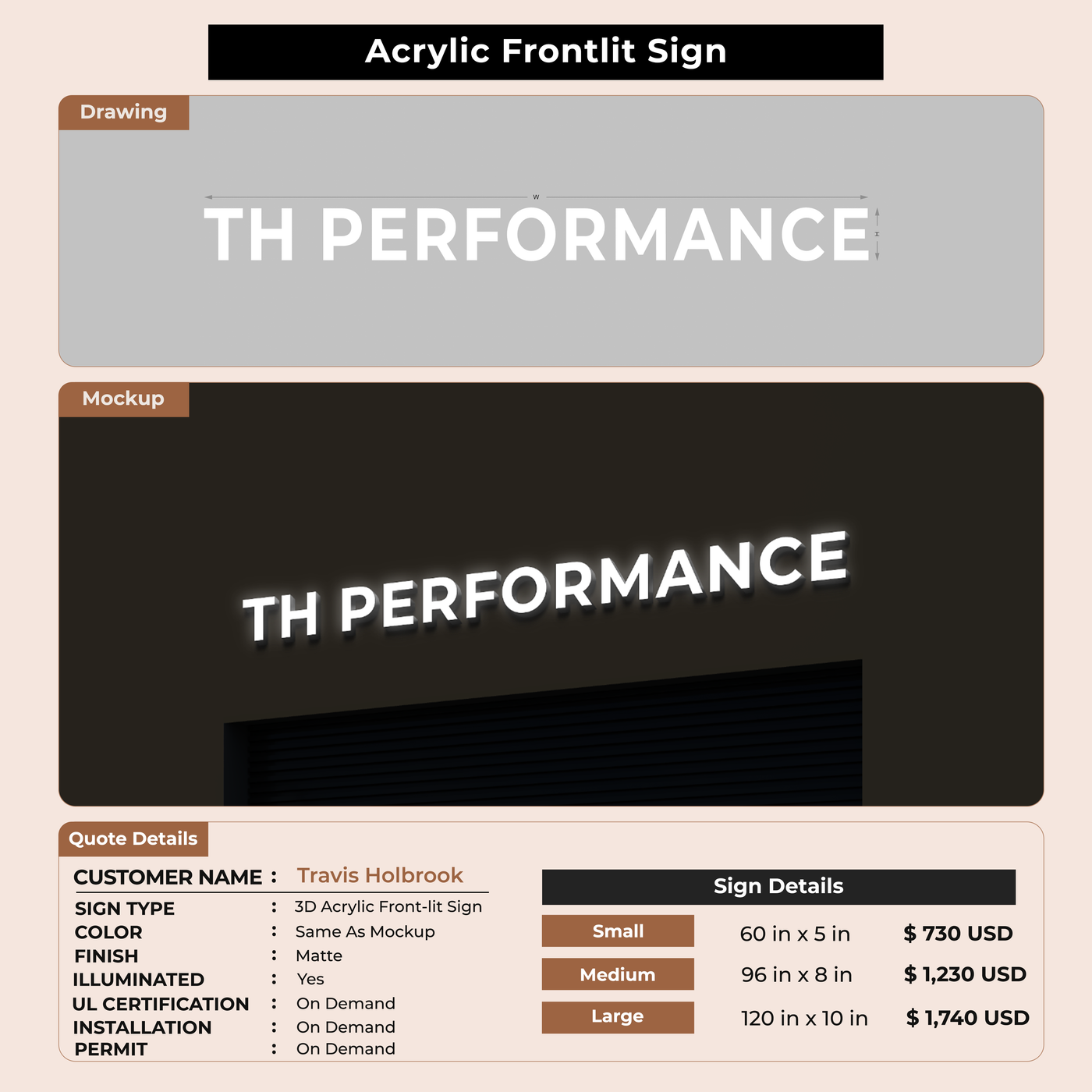 3D Acrylic Front-lit Sign For Travis Holbrook
