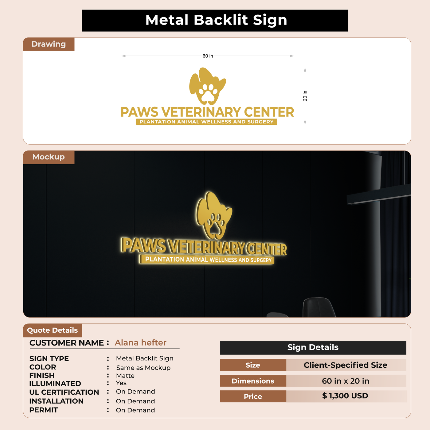Metal Backlit Sign For Alana hefter