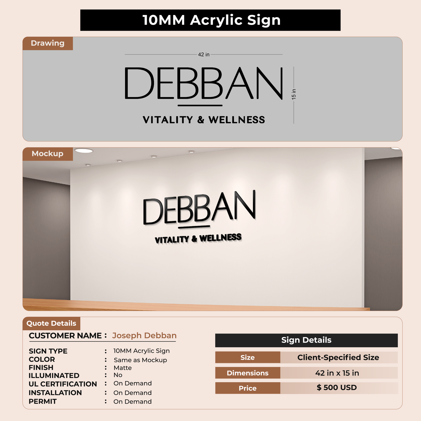 10mm acrylic sign for Joseph Debban