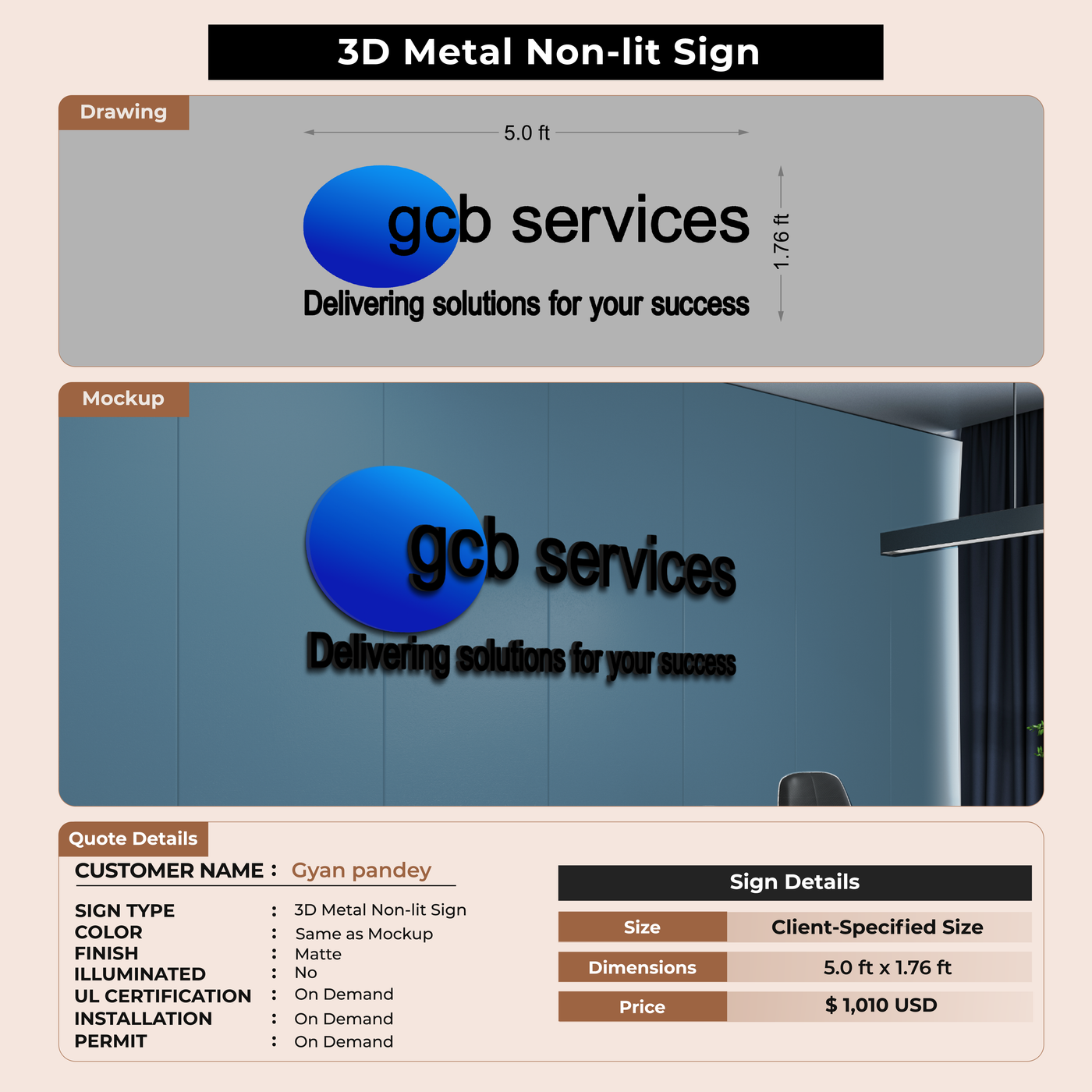 3D Metal nonlit Sign for Gyan pandey