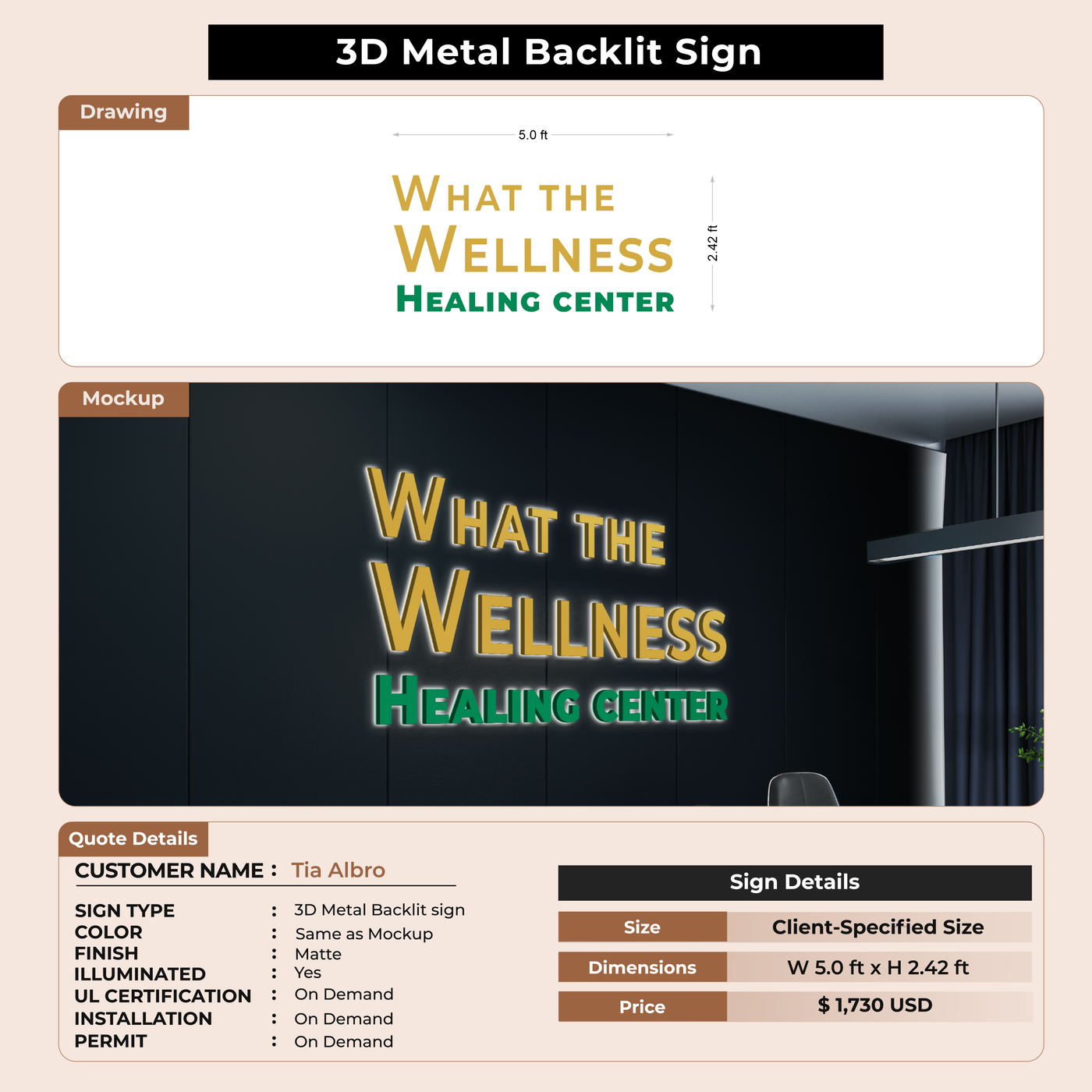 3D Metal Back-lit Sign Ffro Tia Albro