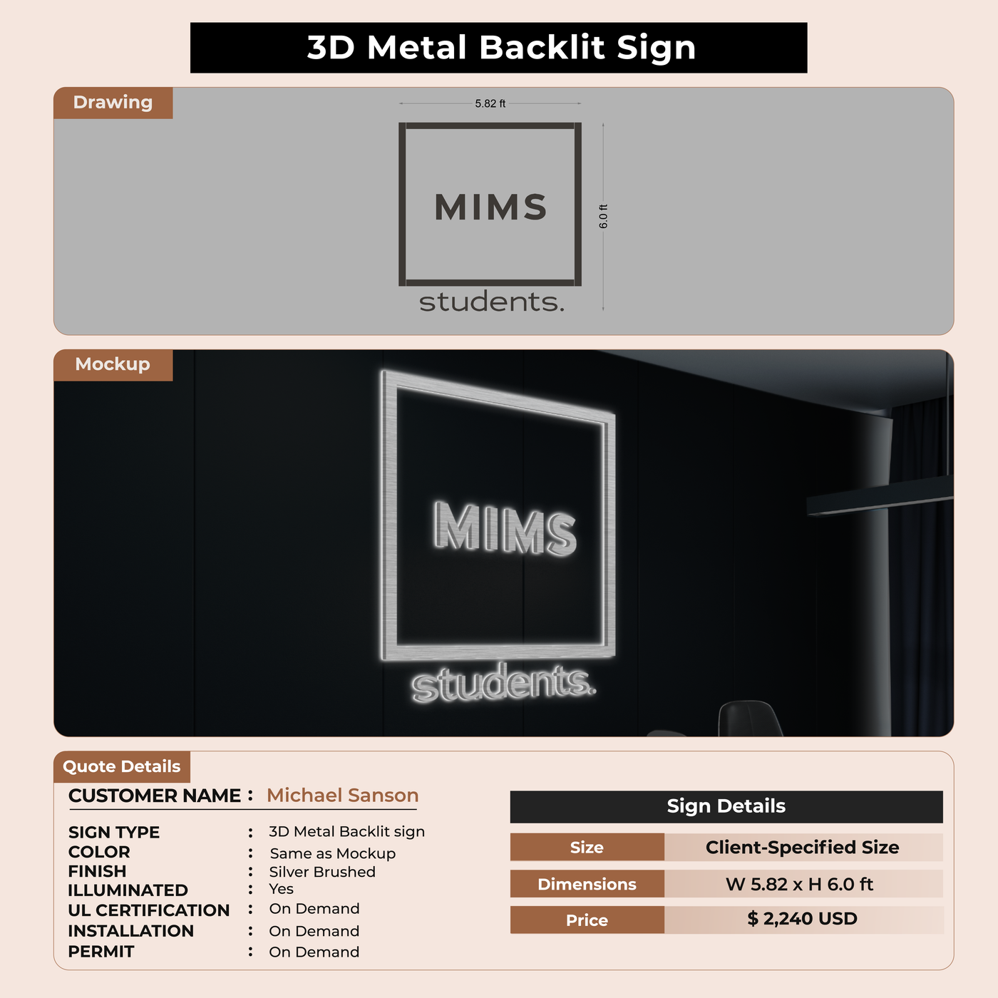 3D Metal Back-lit Sign For Michael Sanson