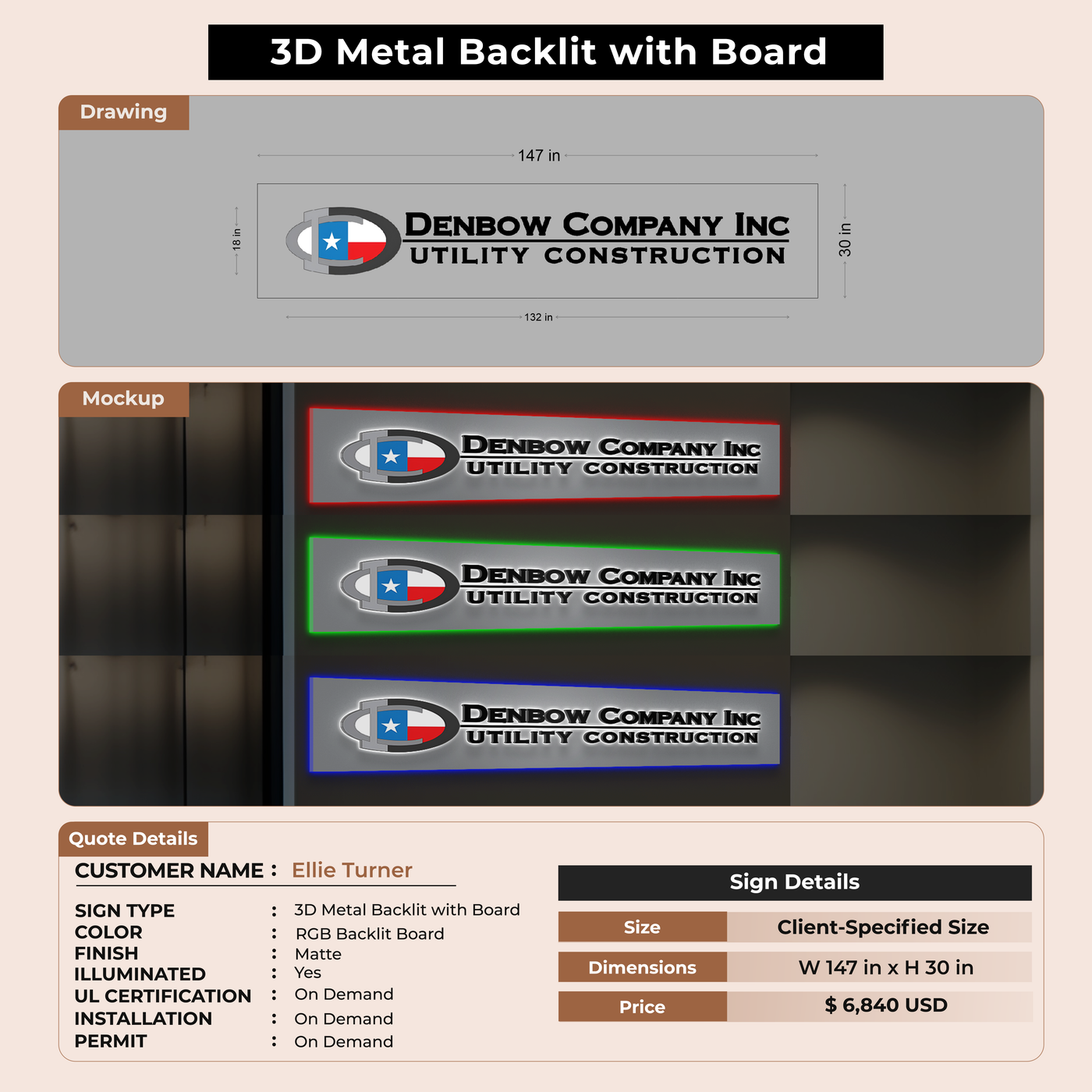3D Metal Back-lit With Backboard Sign For Ellie Turner