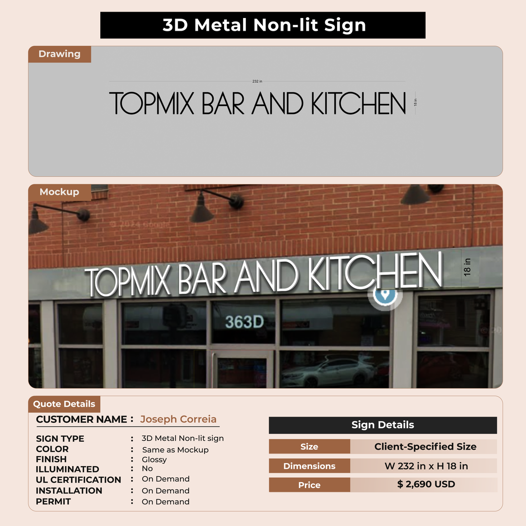 3D Metal Non-lit sign for Joseph Correia