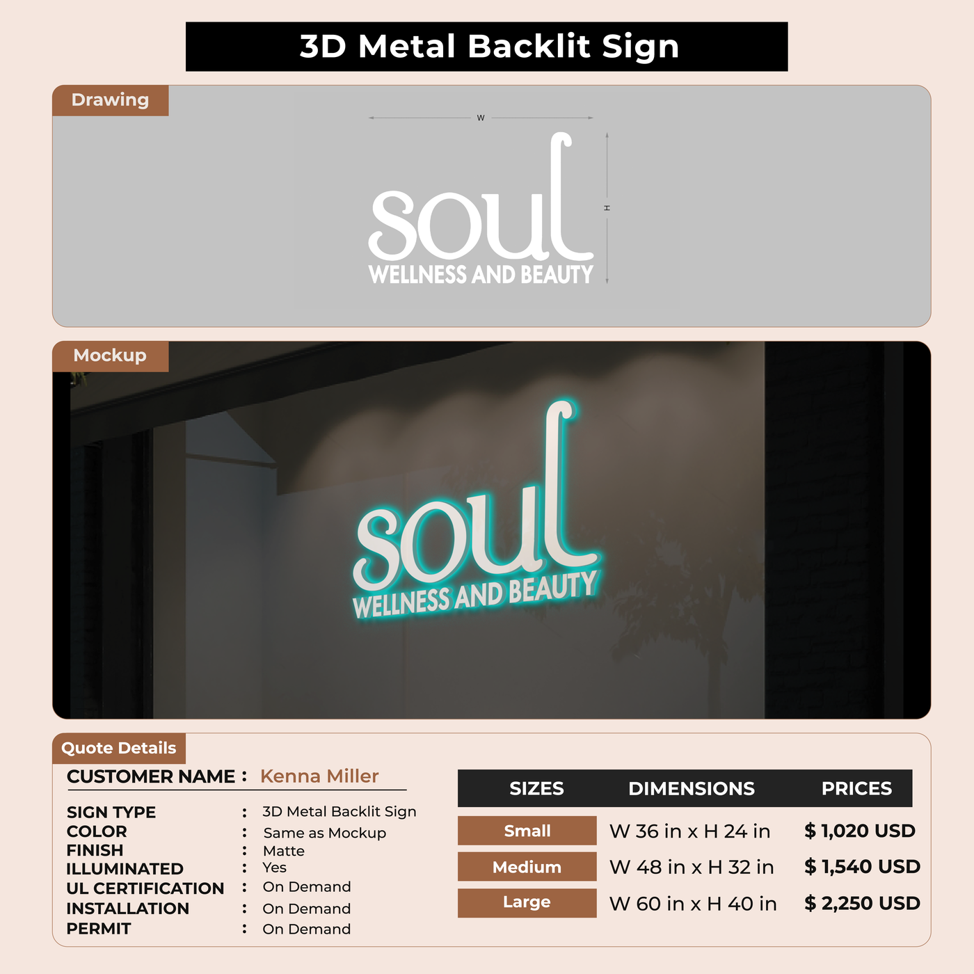 3D Metal Back-lit Sign For Kenna Miller