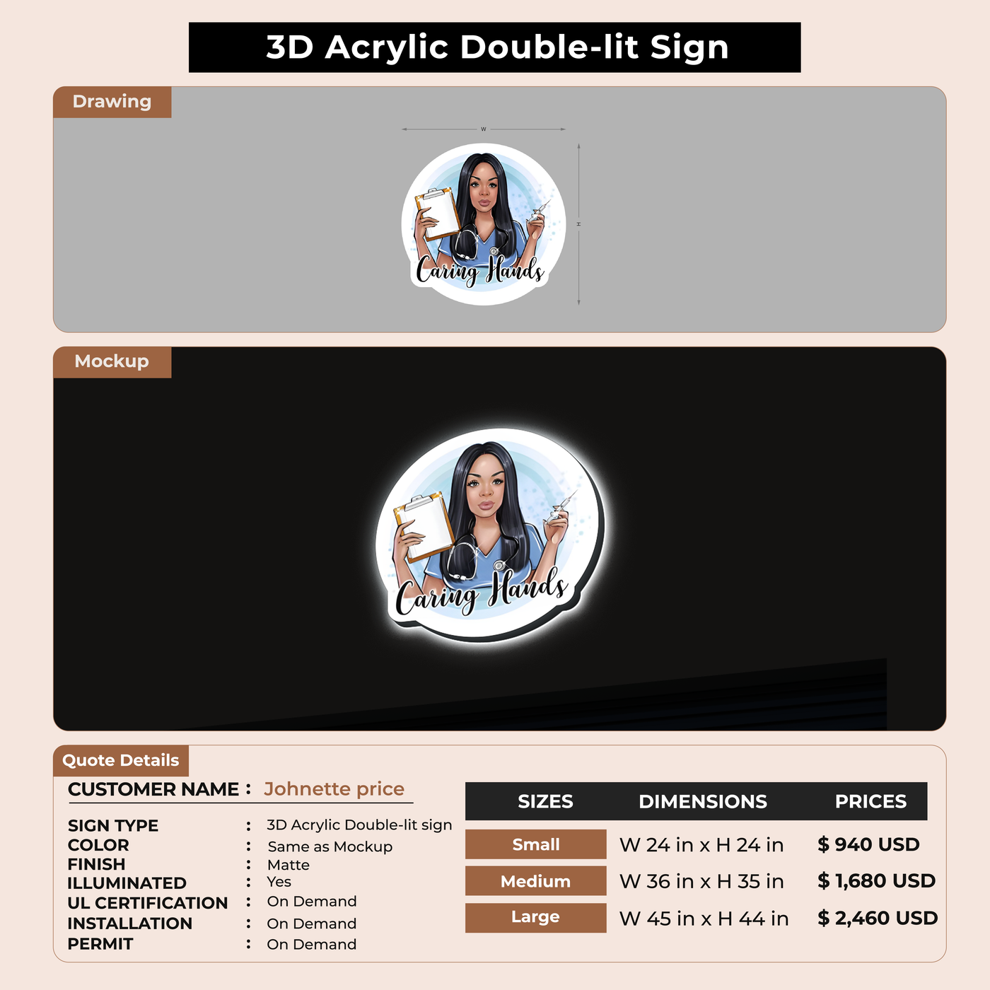 3D acrylic doublelit sign for Johnette price