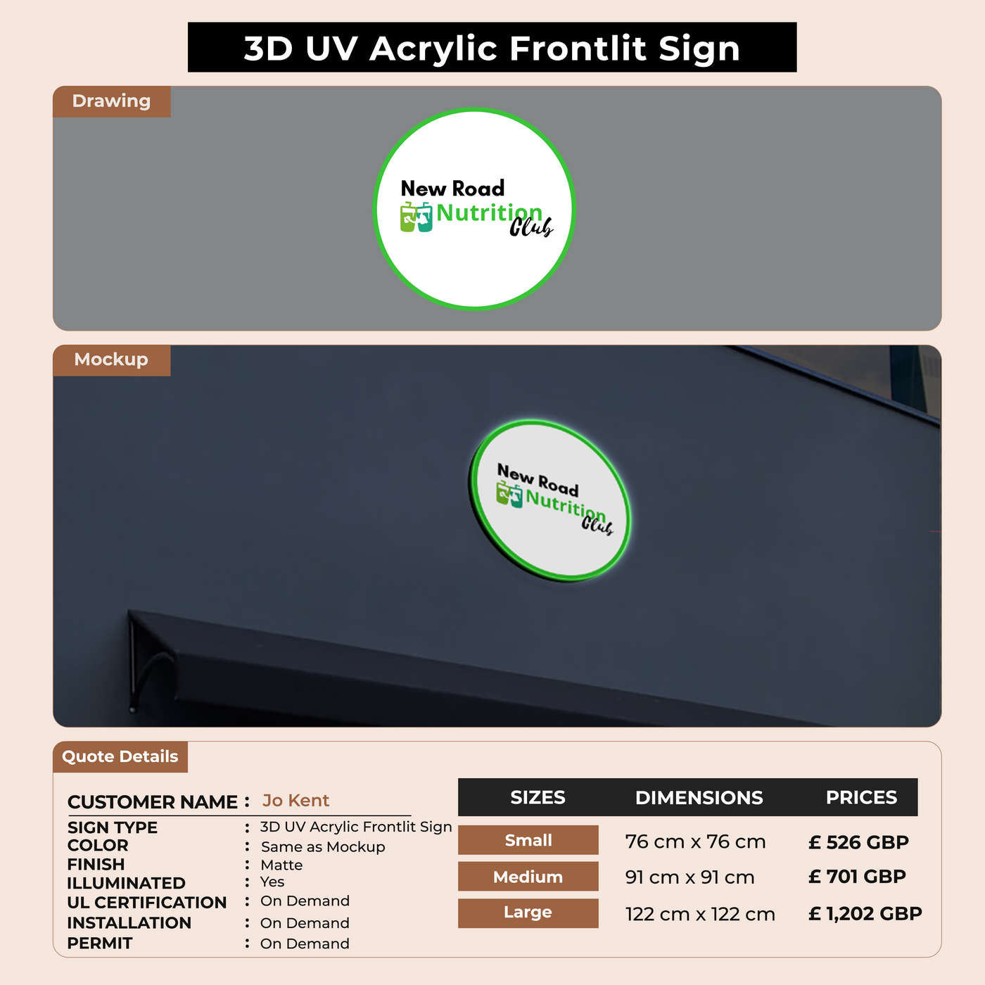 3D UV Acrylic Front-lit Sign For Jo Kent