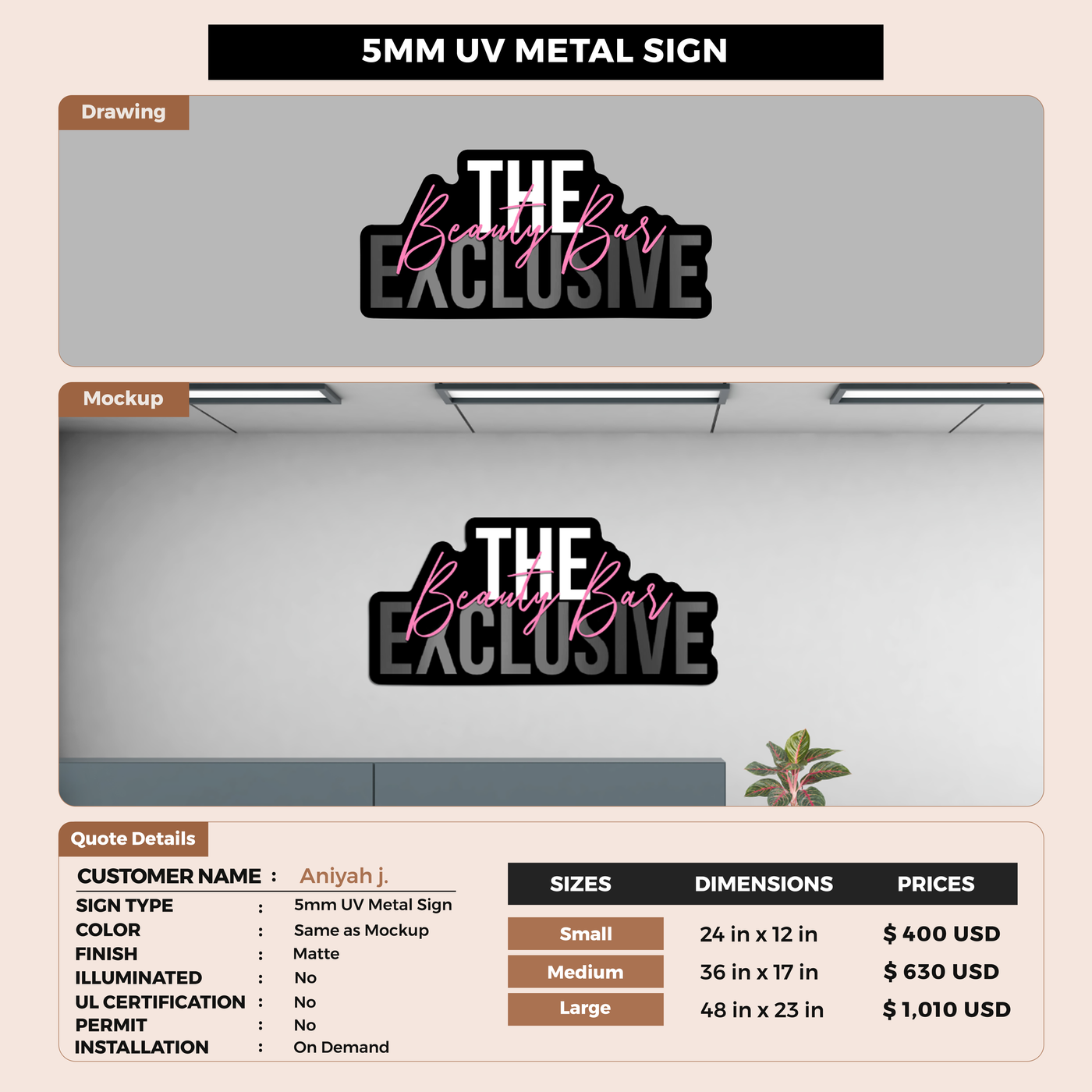 5mm UV metal sign for Aniyah j.
