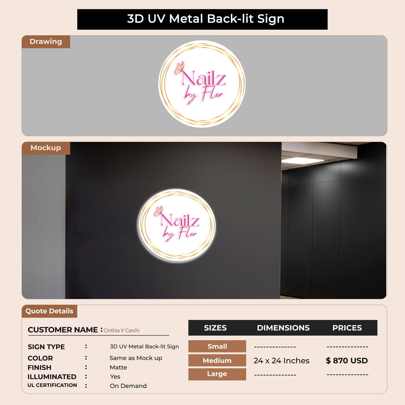 3D UV Metal Back-lit Sign For Cinthia V Carchi