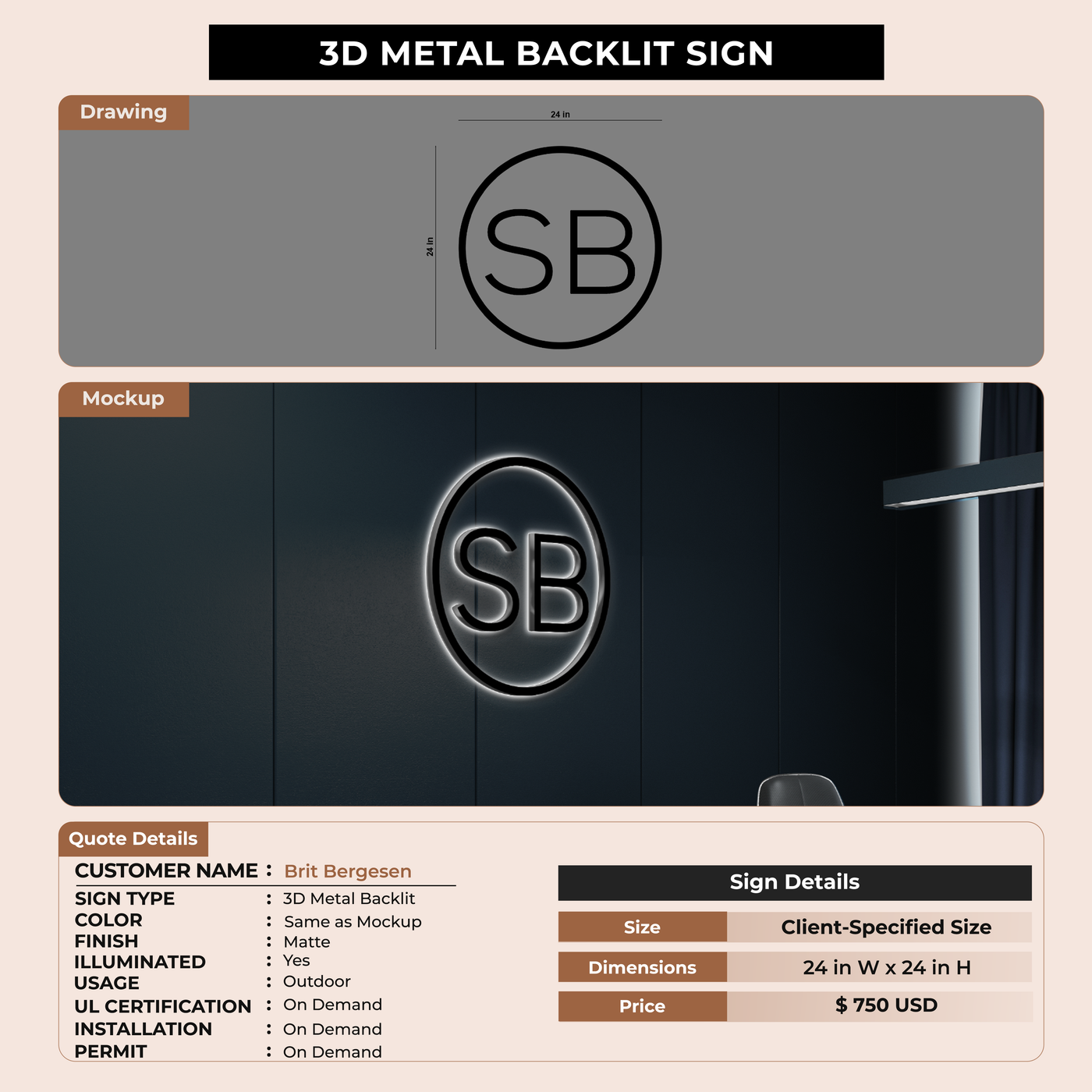 3D Metal Backlit Signage for Brit Bergesen
