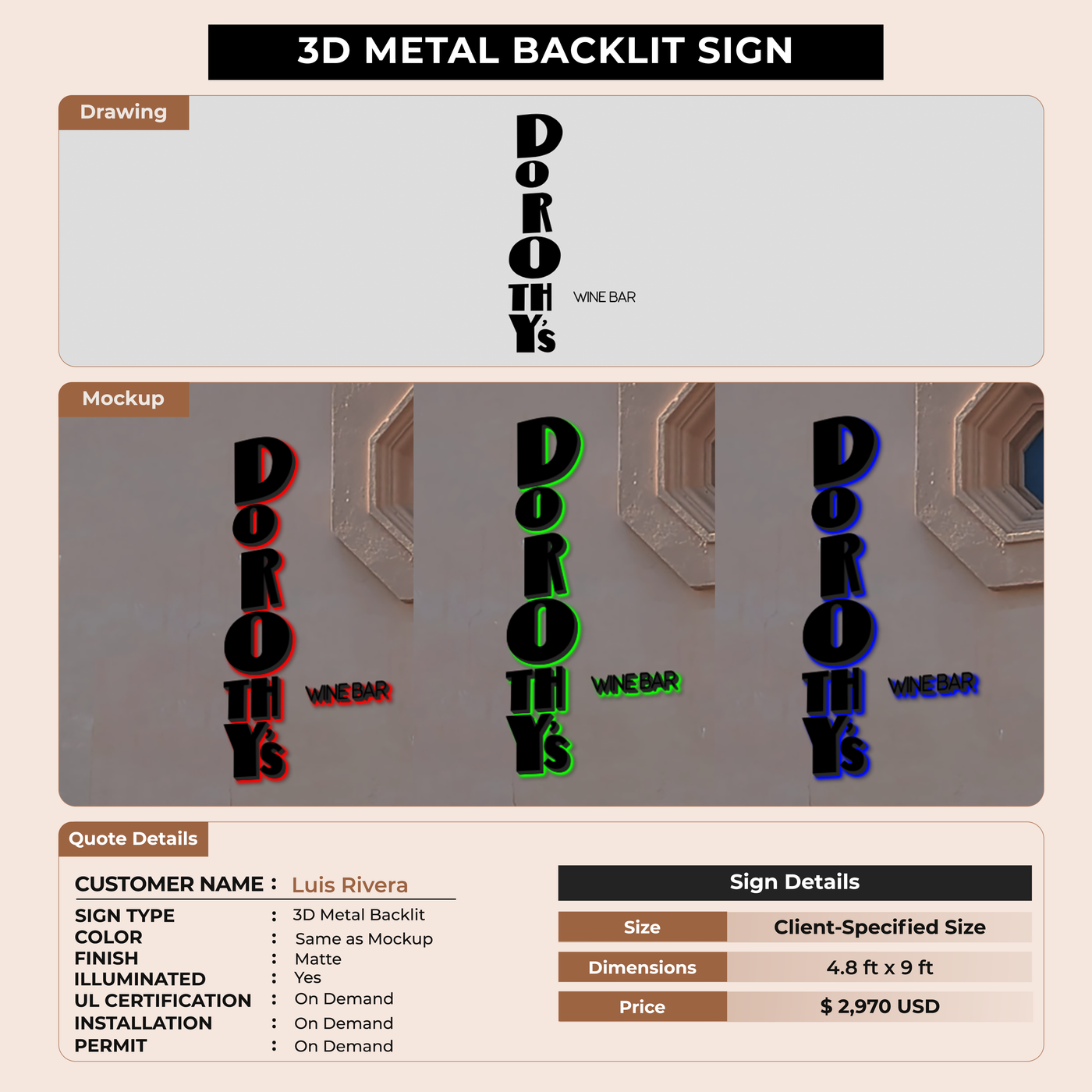 3D Metal Backlit Sign for Luis Rivera