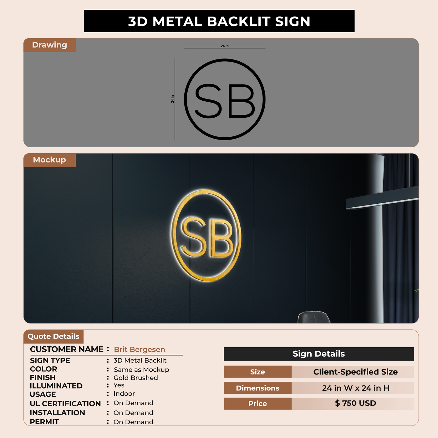3D Metal Backlit Signage for Brit Bergesen