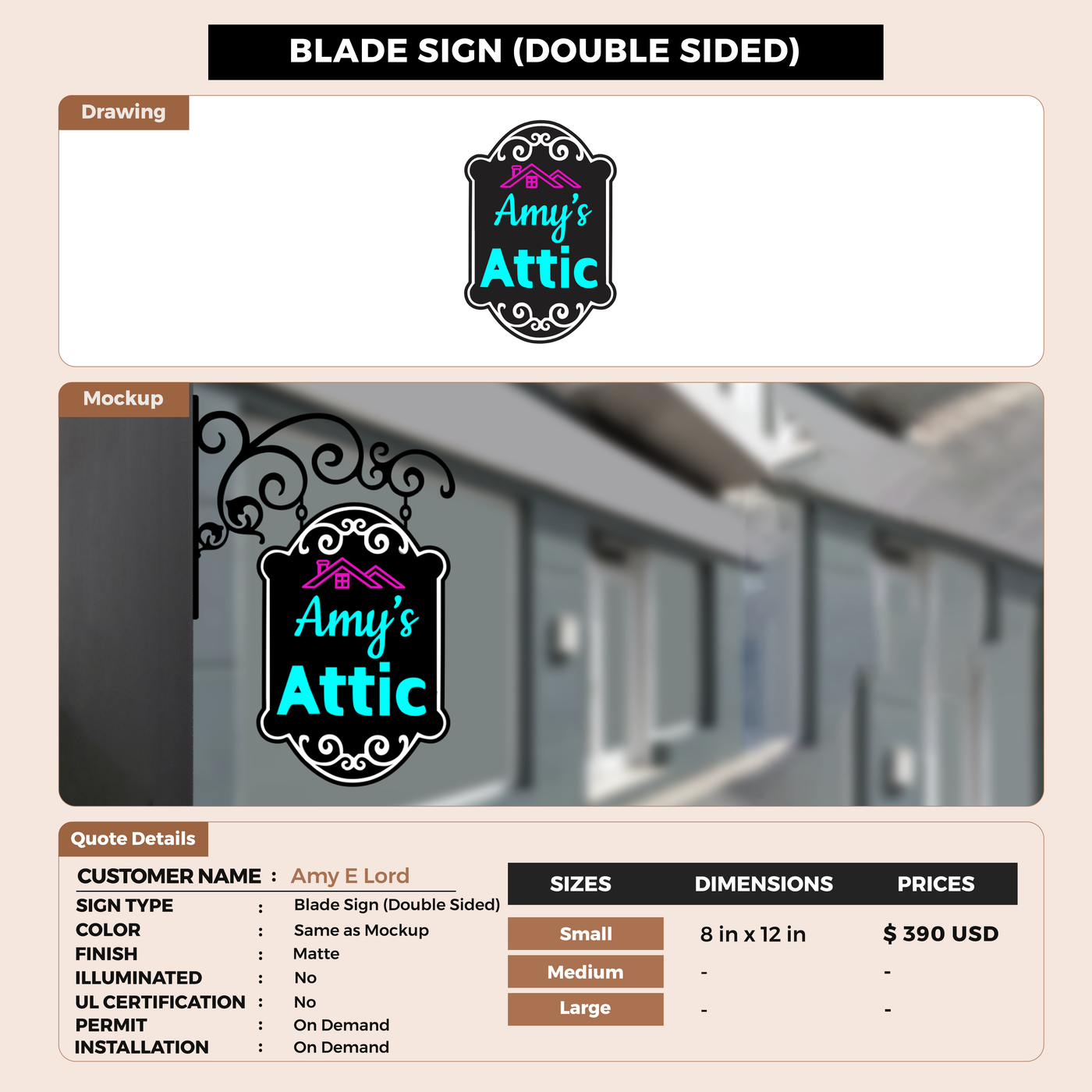 2d blade sign double sided for Amy E Lord