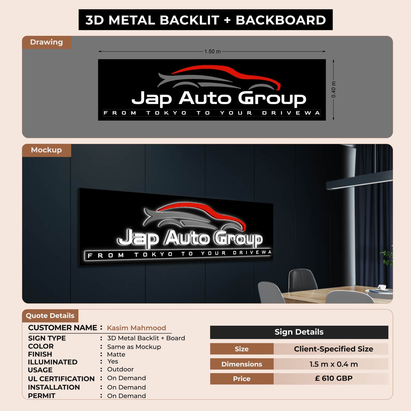 3D Metal Backlit With backboard For Kasim Mahmood