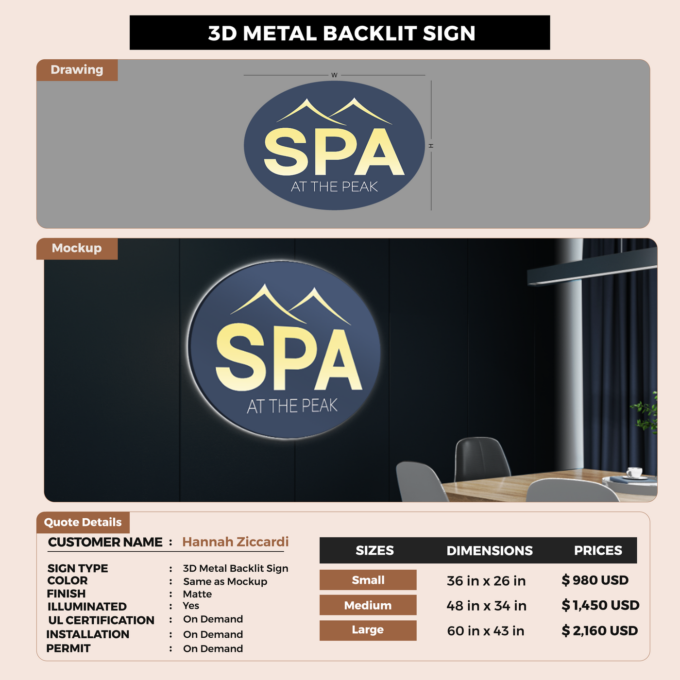 3D Metal Back-lit Signs For Hannah Ziccardi