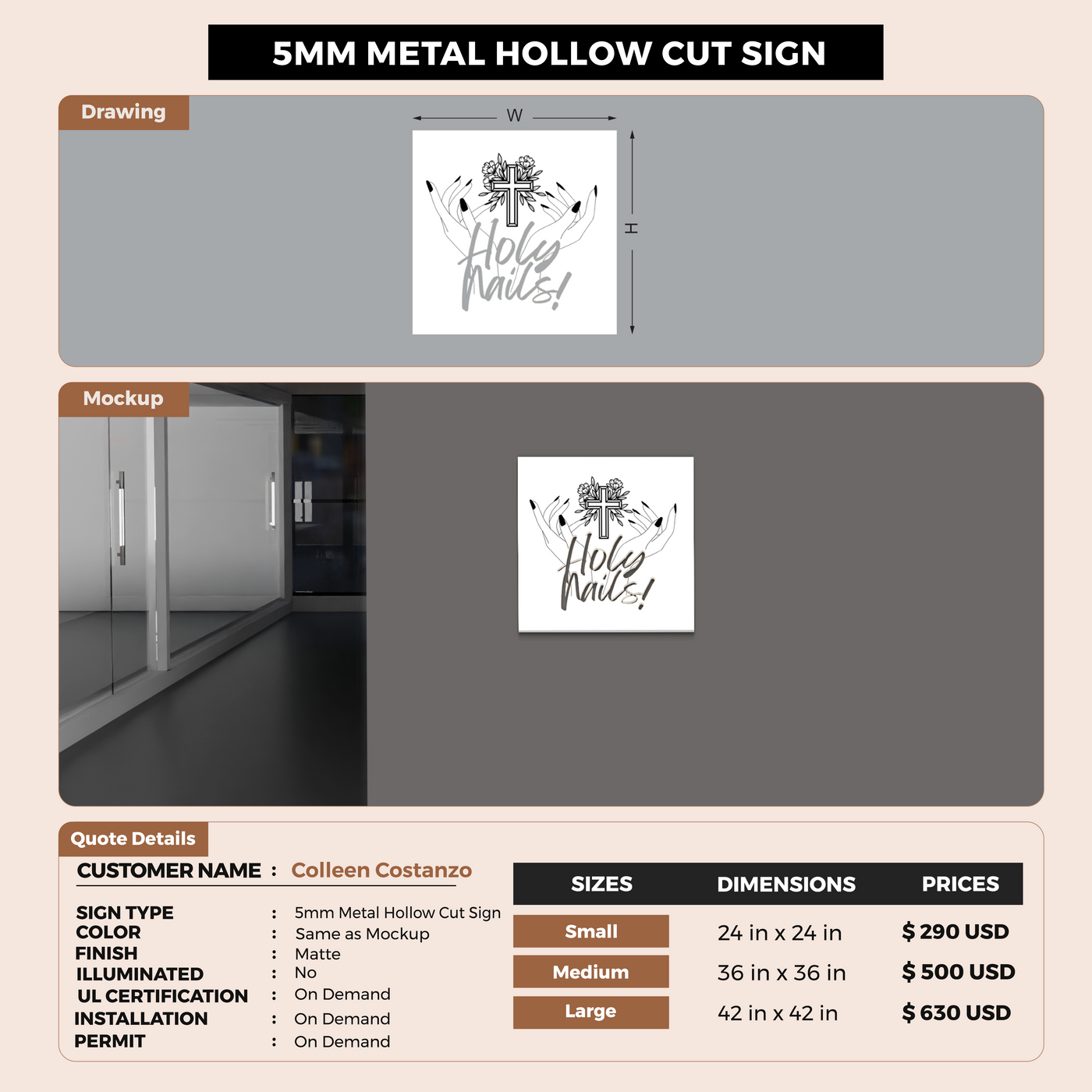 5mm Metal Hollow Cut Sign for Colleen Costanzo
