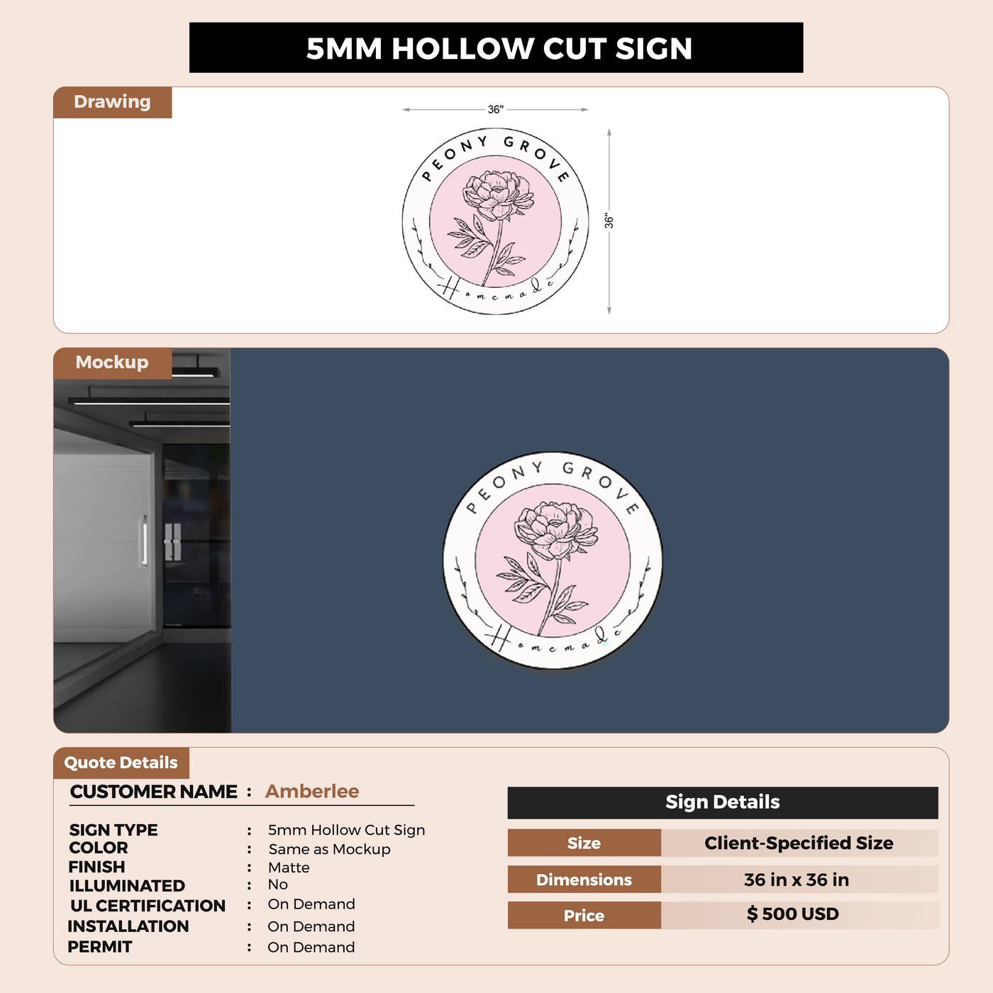 5mm hollowcut sign for Amberlee