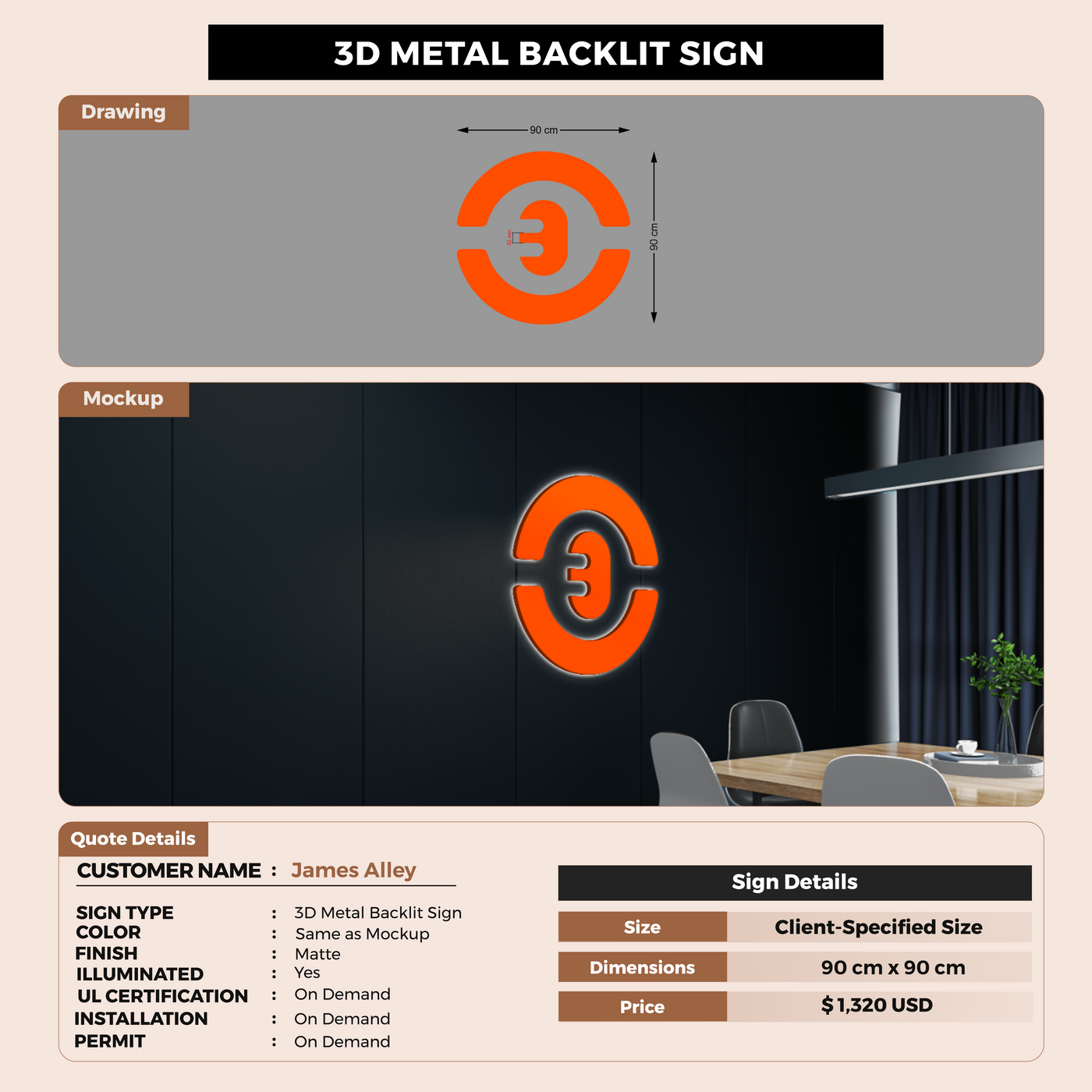 3D Metal Back-lit Sign For James Alley