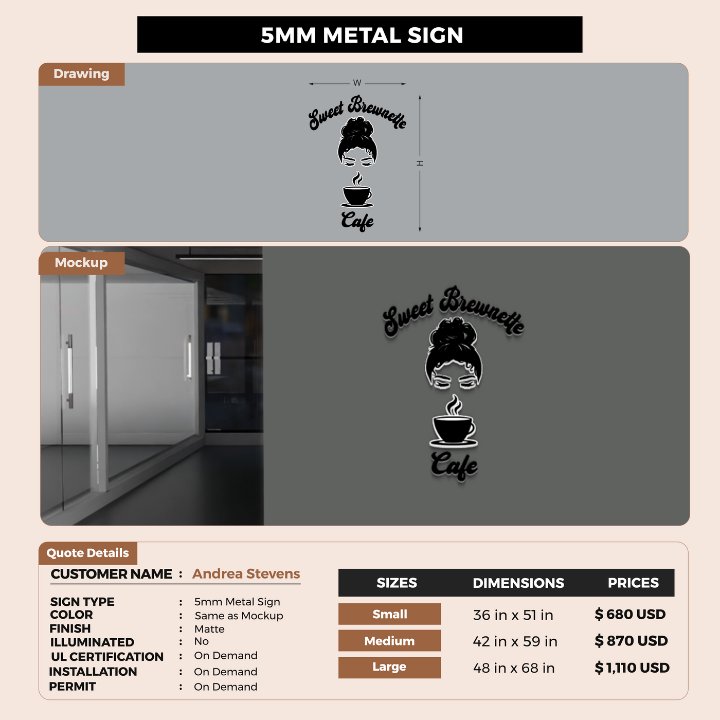 5mm metal sign for Andrea Stevens