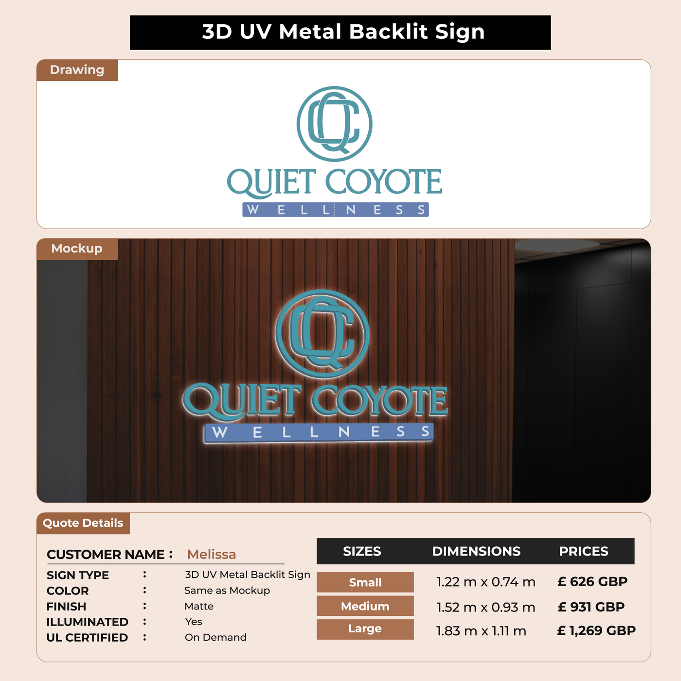 3D UV Metal Backlit Sign for Melissa