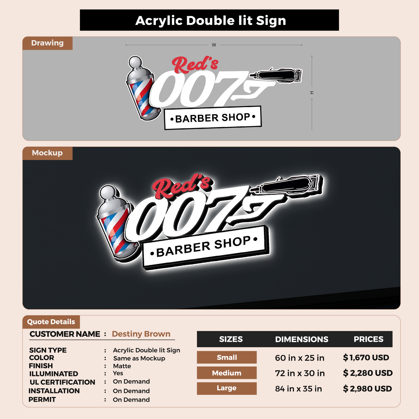 3D Acrylic Double-lit Sign For Destiny Brown