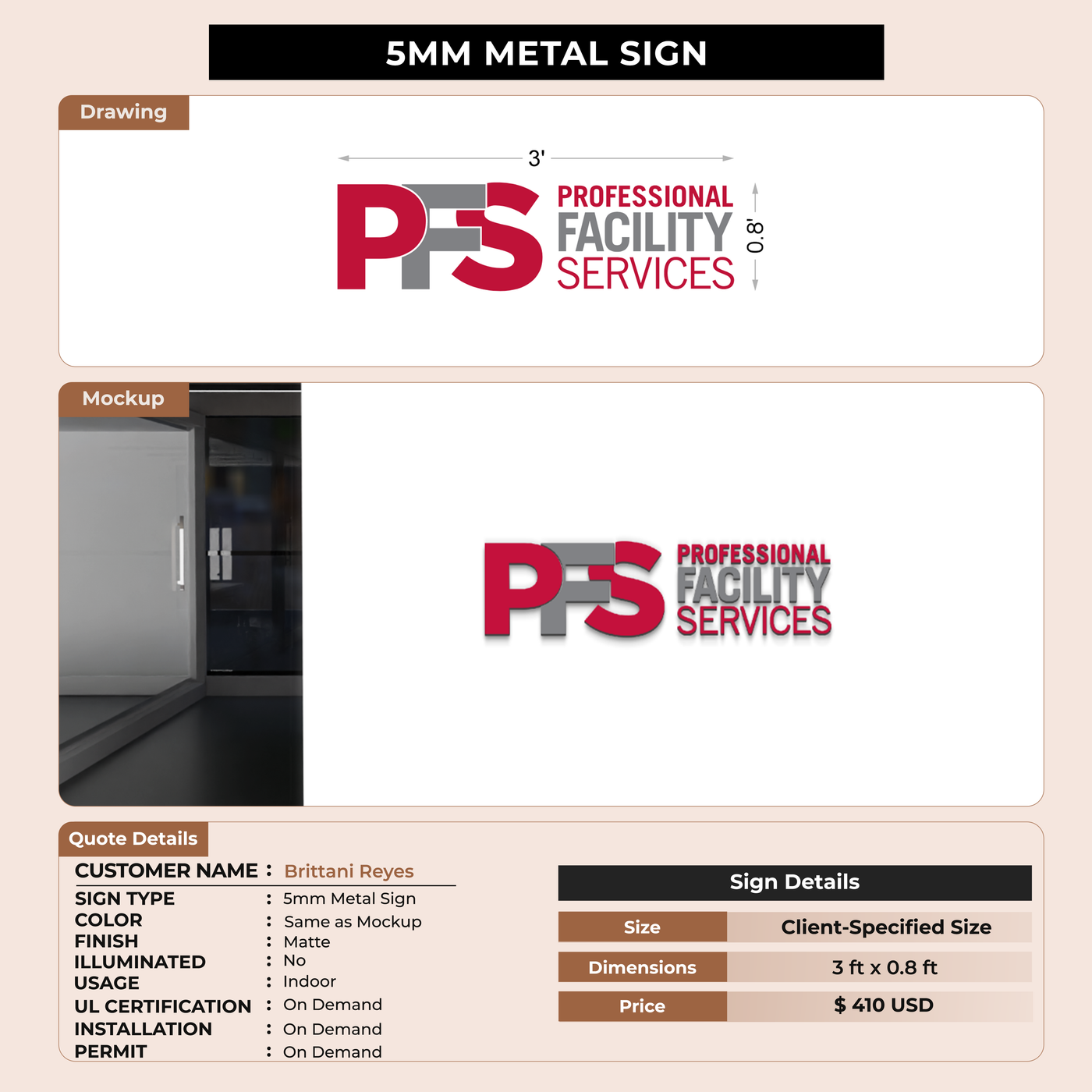 5MM Metal Sign For Brittani Reyes