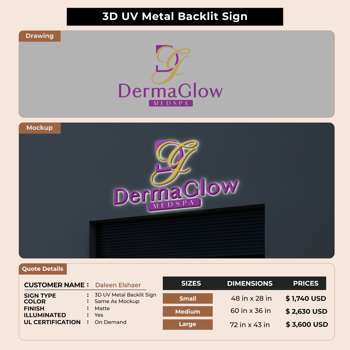 3D UV Metal Back-lit Sign For Daleen Elshaer