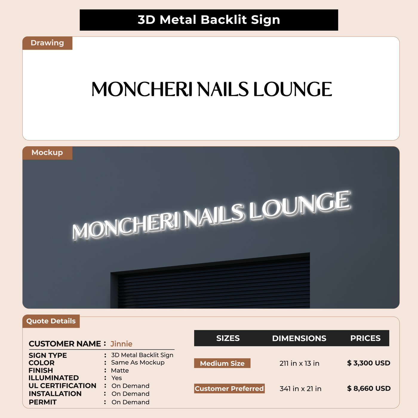 3D Metal Back-lit Sign For Jinnie