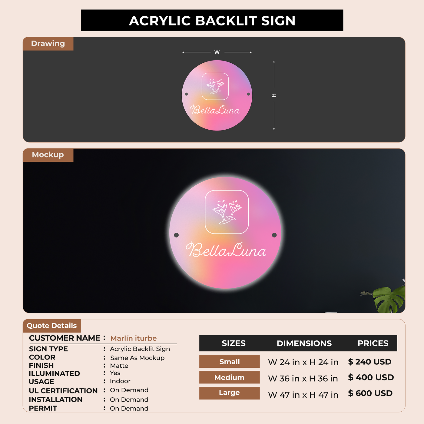 Acrylic Back-lit Sign For Marlín iturbe