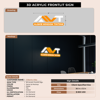 3D Acrylic Front-lit Sign For Gilberto Alba