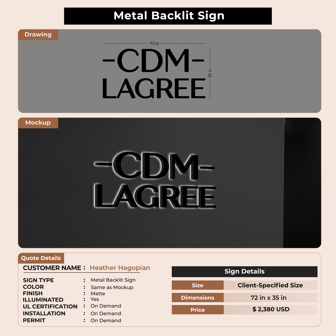 3D Metal Back-lit Sign For Heather Hagopian