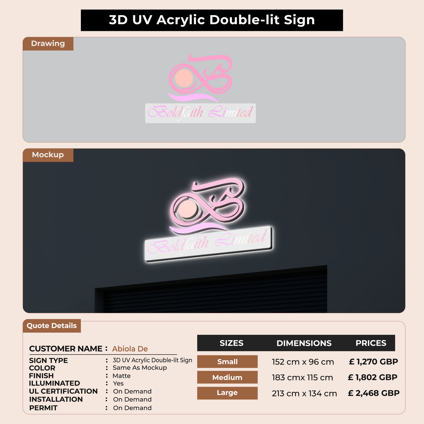 3D UV Acrylic Double-lit Sign For Abiola De