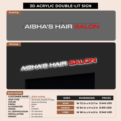 3D Acrylic Double lit Sign for Aisha motley