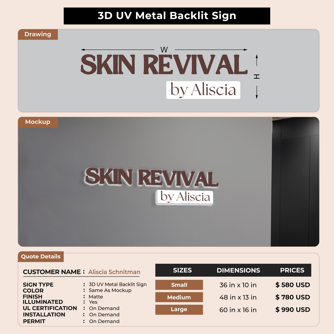 3D UV Metal Backlit Sign For Aliscia Schnitman