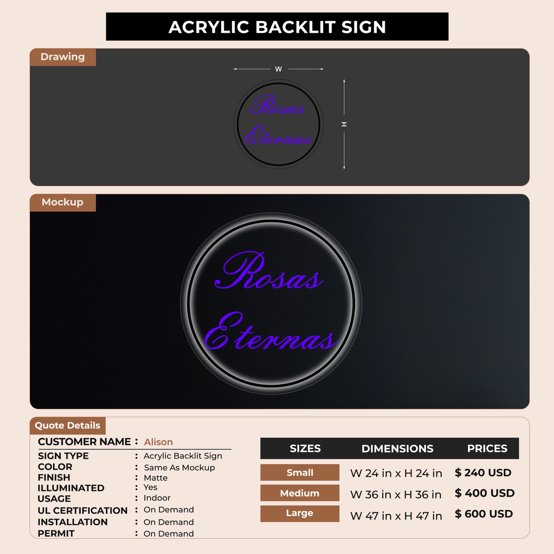 Acrylic Backlit Sign For Alison