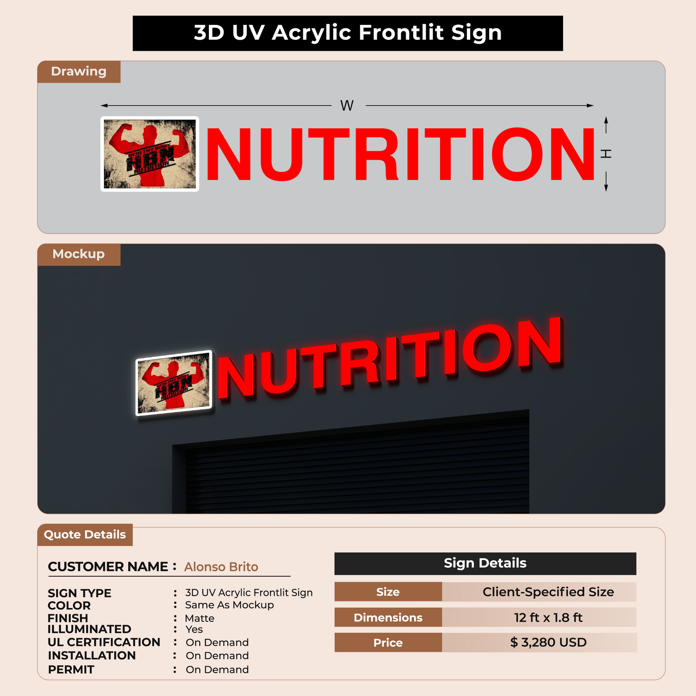 3D UV Acrylic Front-lit Sign For Alonso Brito