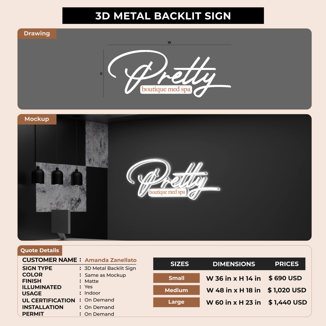 3D Metal BAcklit Sign for Amanda Zanellato
