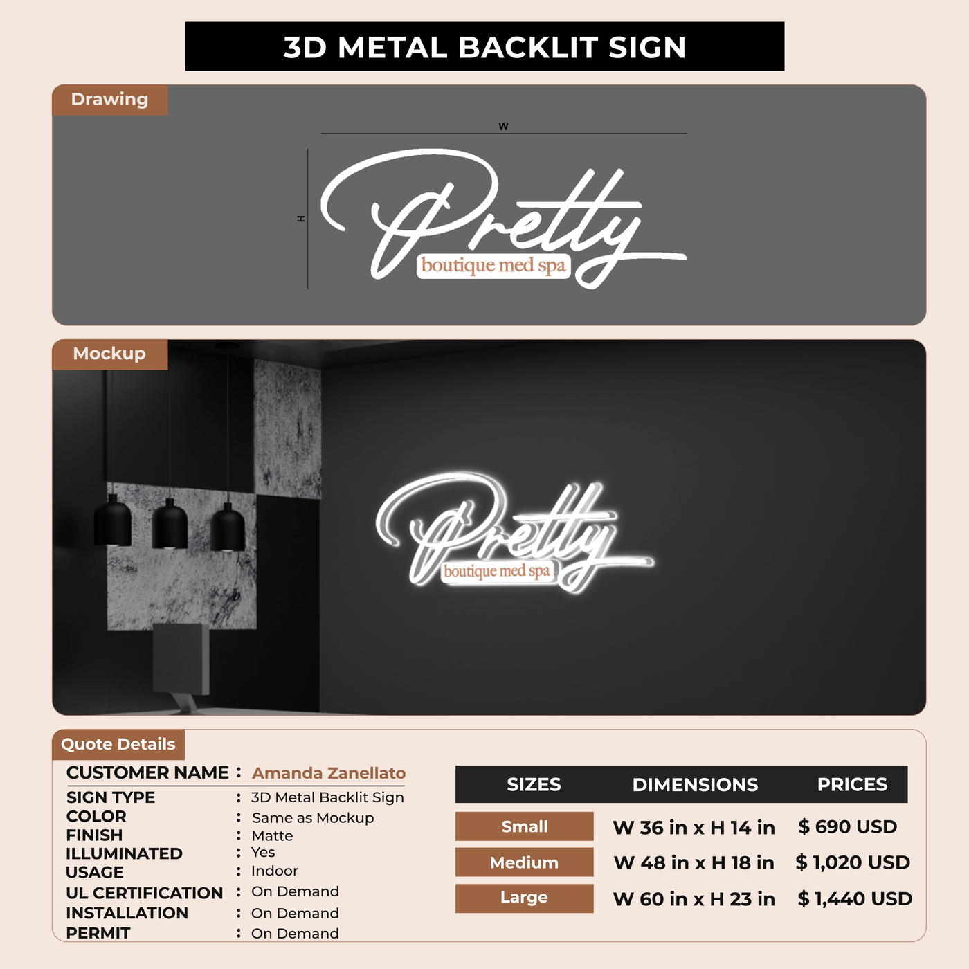 3D Metal BAcklit Sign for Amanda Zanellato