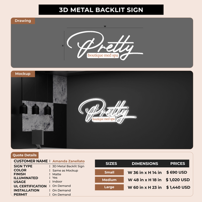 3D Metal BAcklit Sign for Amanda Zanellato