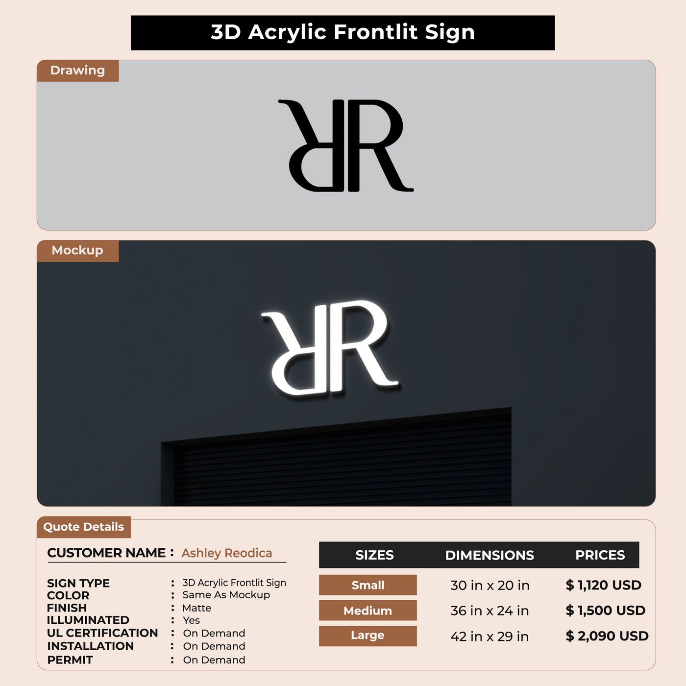 3D Acrylic Frontlit Sign for Ashley Reodica