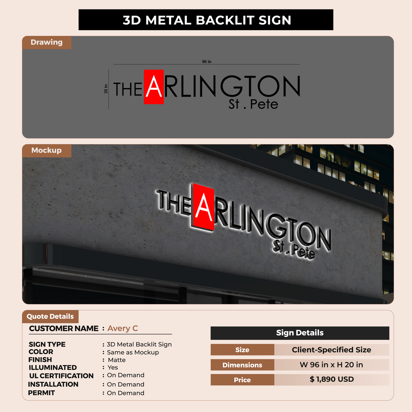 3D Metal Backlit Sign for Avery C