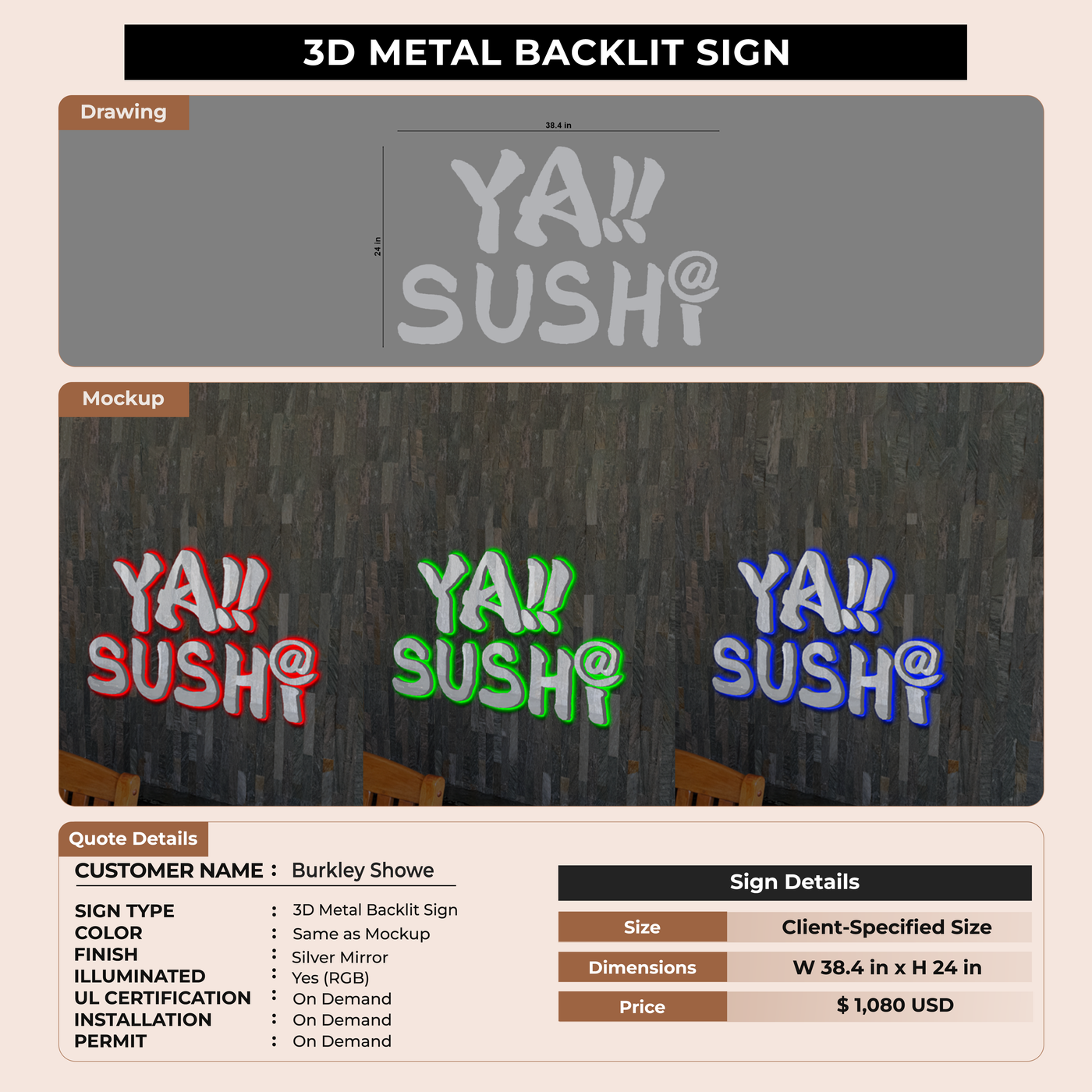 3D Metal Backlit Sign fore Burkley Showe