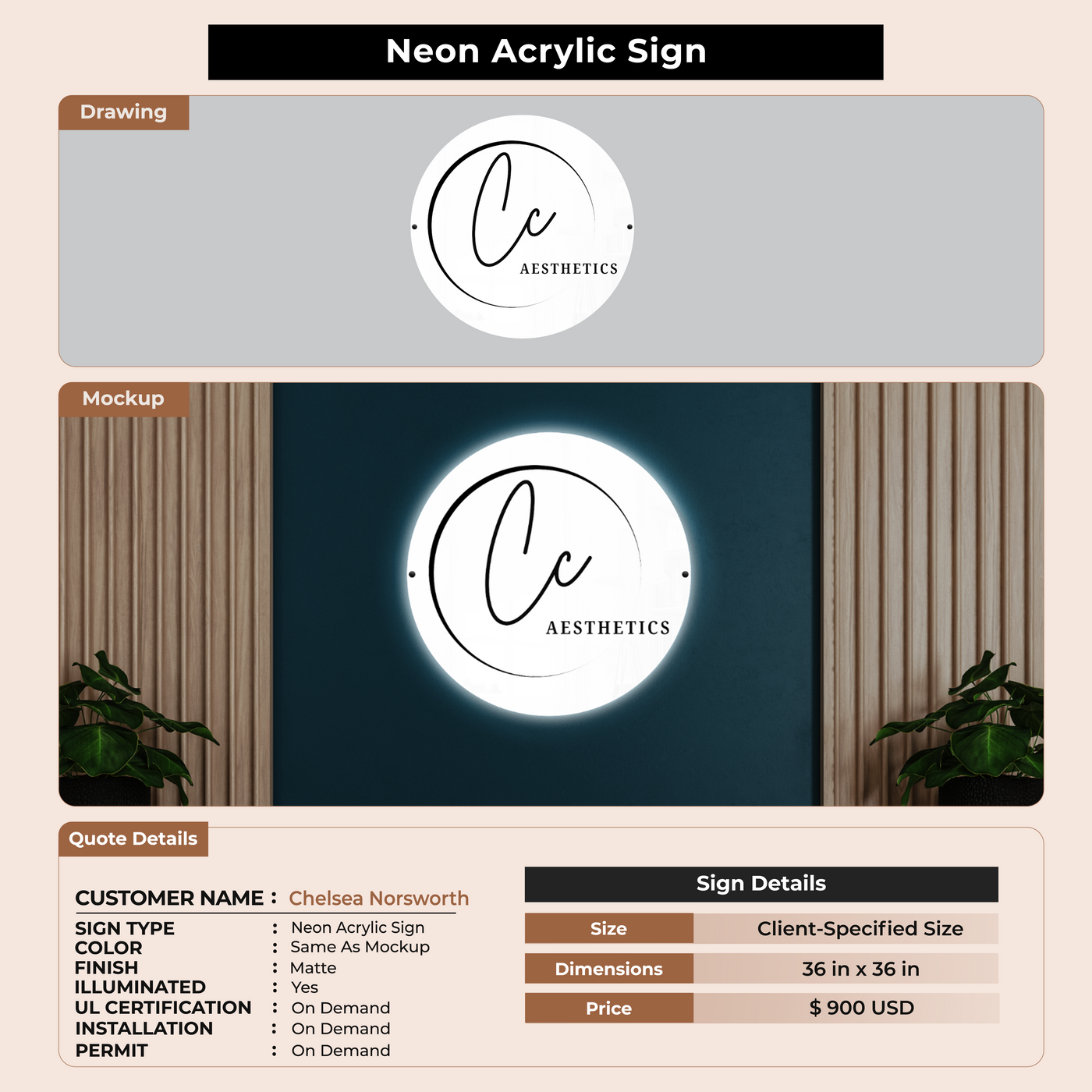 Neon acrylic sign for Chelsea Norsworthy