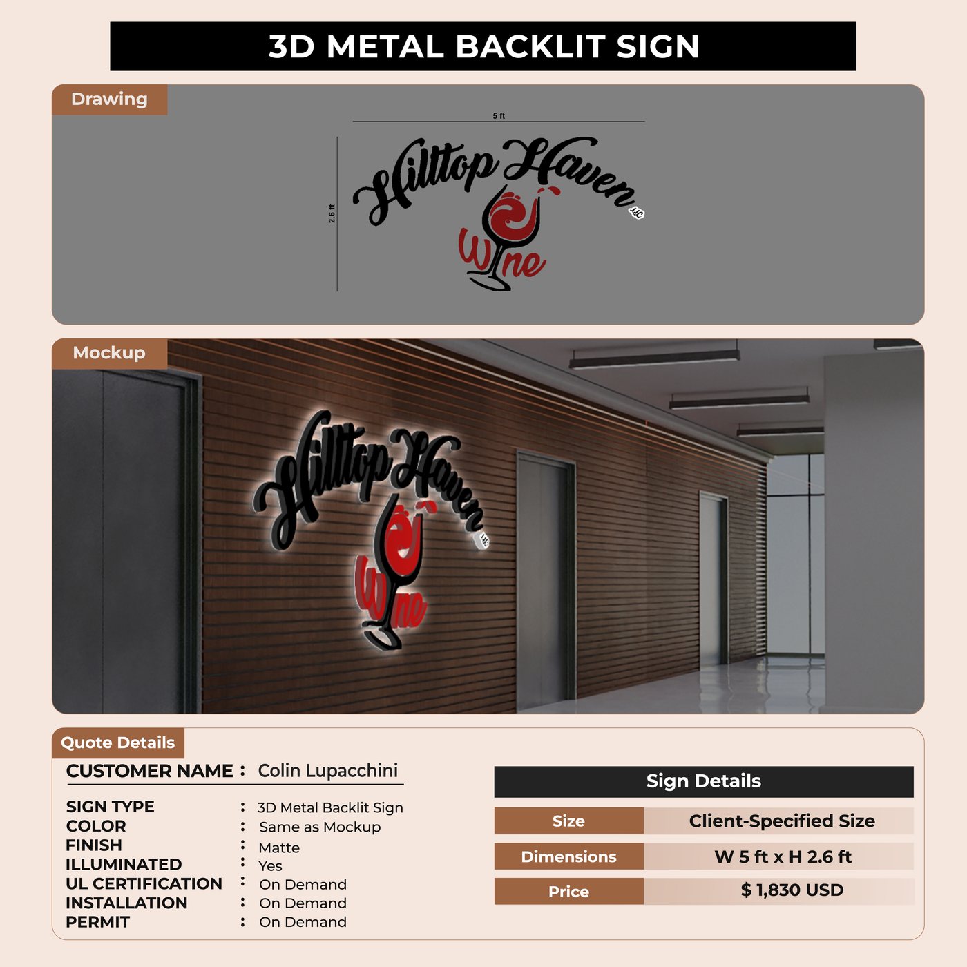 3D Metal Backlit Sign for Colin Lupacchini