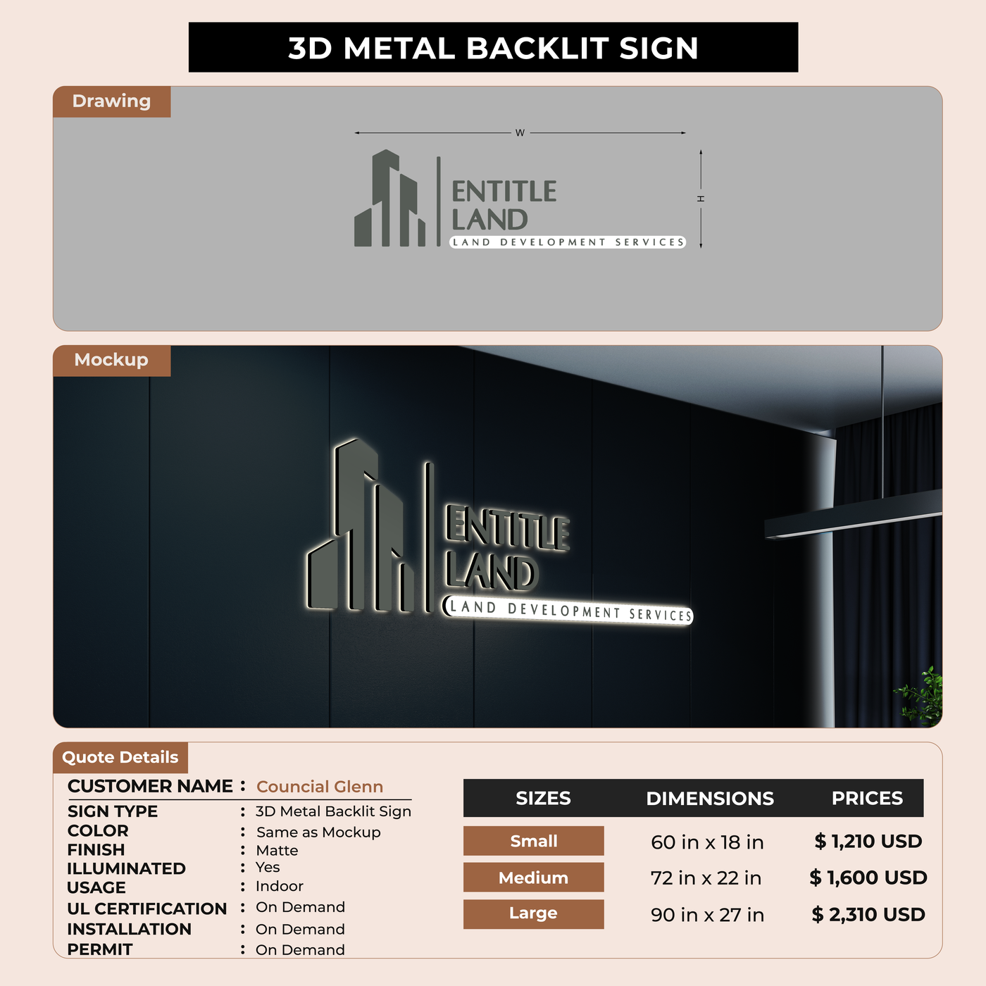 3D Metal Back-lit Sign For Councial Glenn