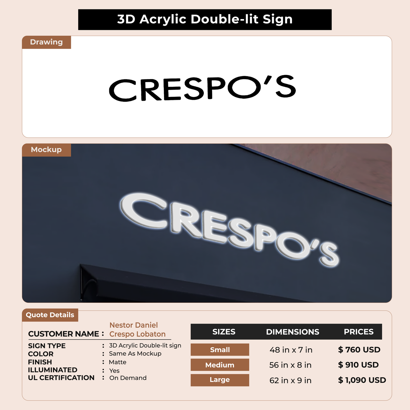 3D Acrylic Double-lit Sign For Nestor Daniel Crespo Lobaton