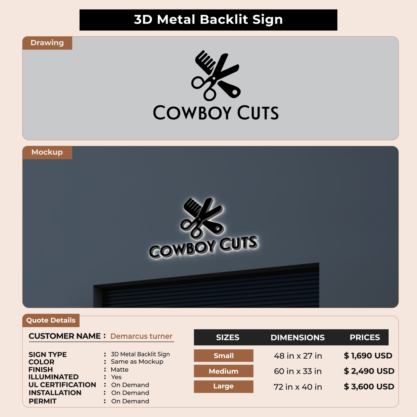3D Metal Backlit Sign for Demarcus turner
