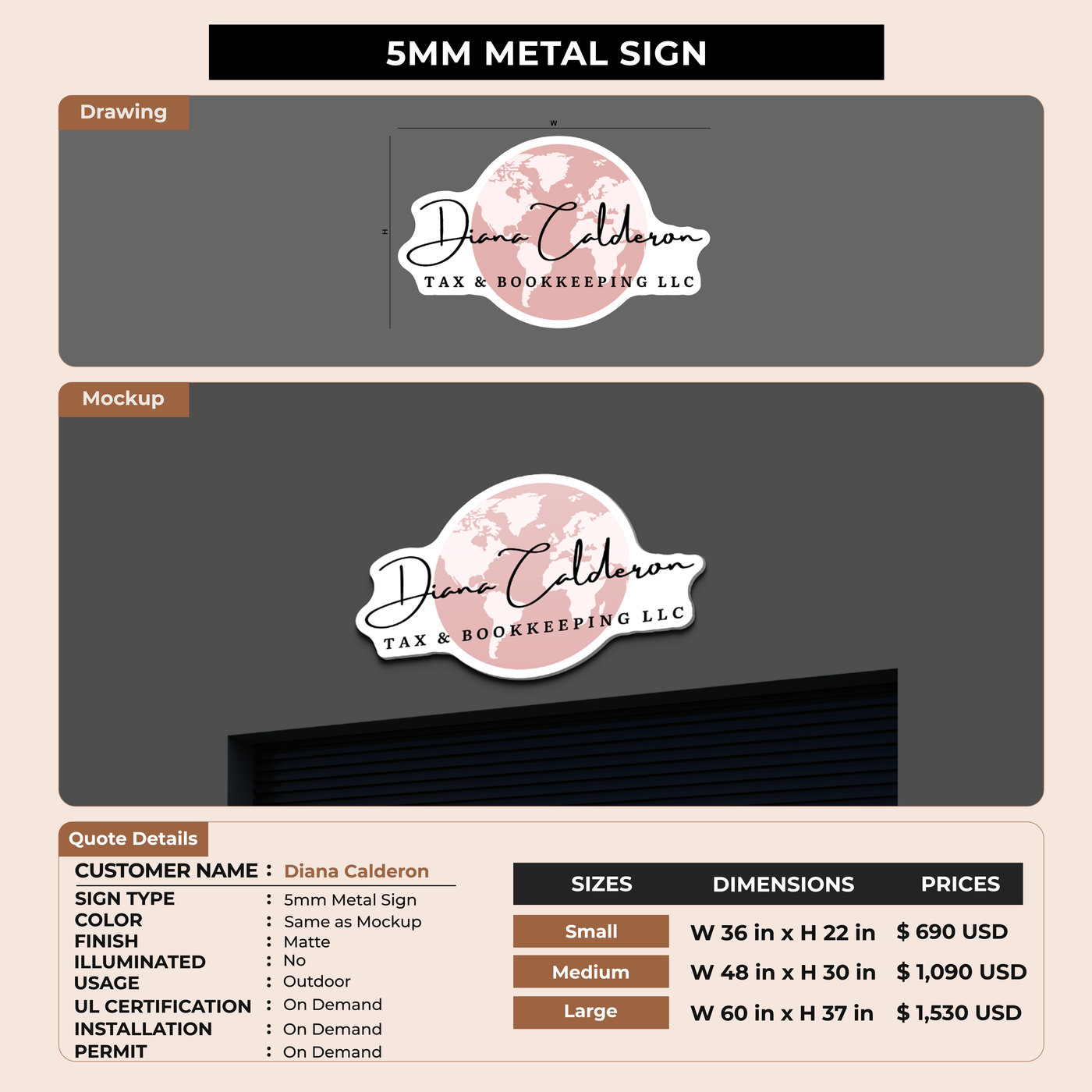 5MM Metal Sign for Diana Calderon
